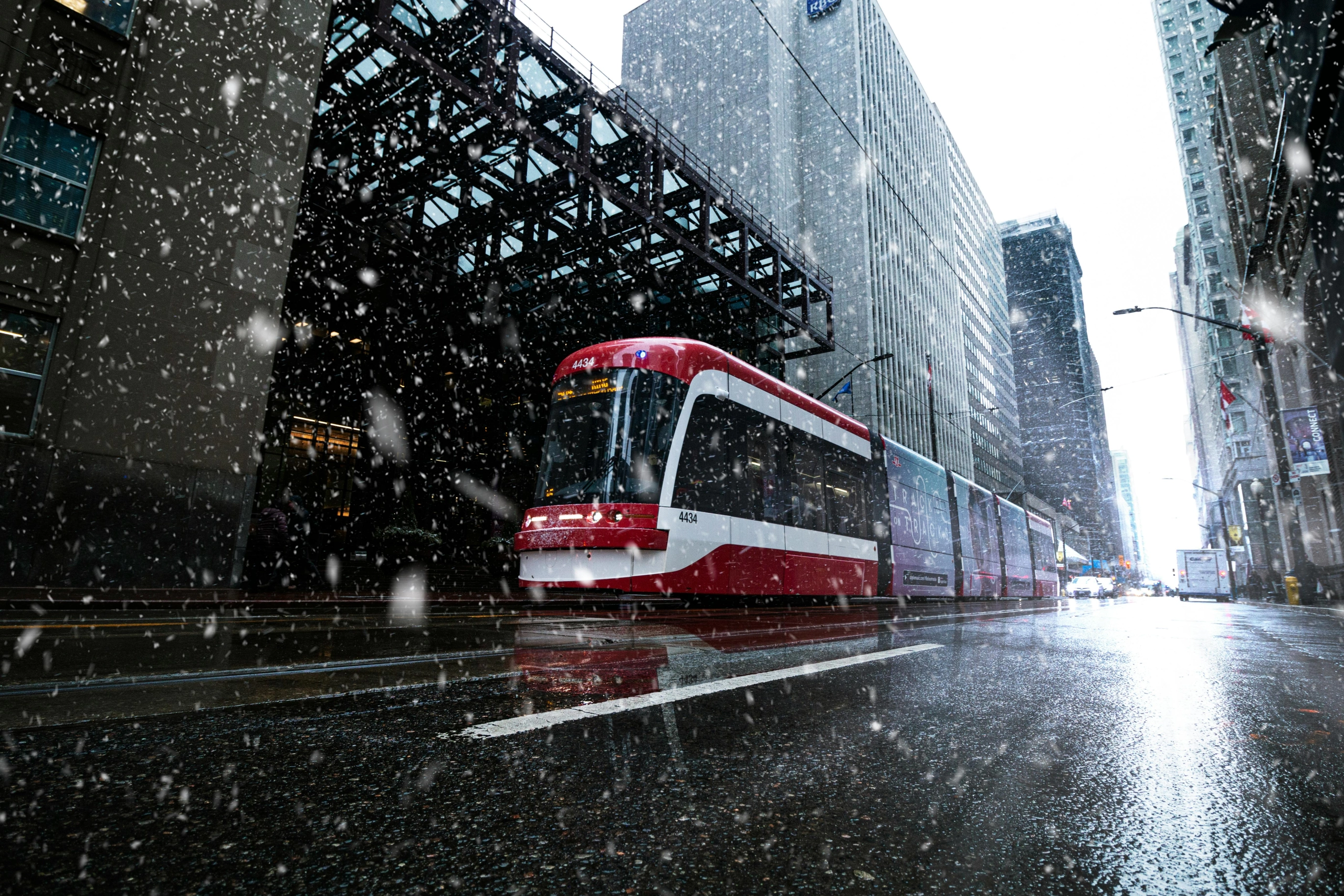 An image of a Toronto street car in winter.