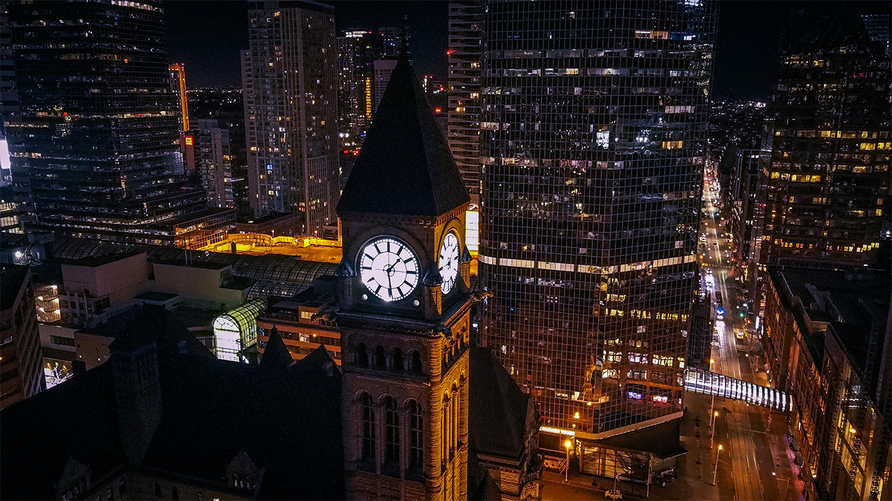An image of the clock tower at Toronto's old city hall.