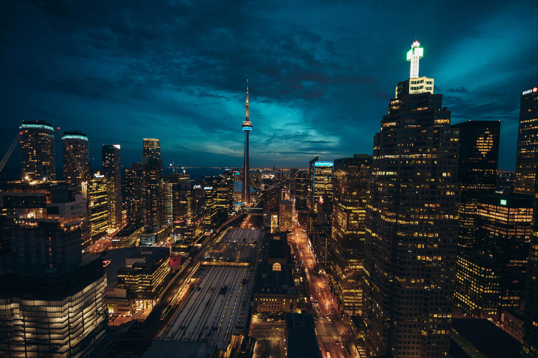 An image of Toronto overhead at night.