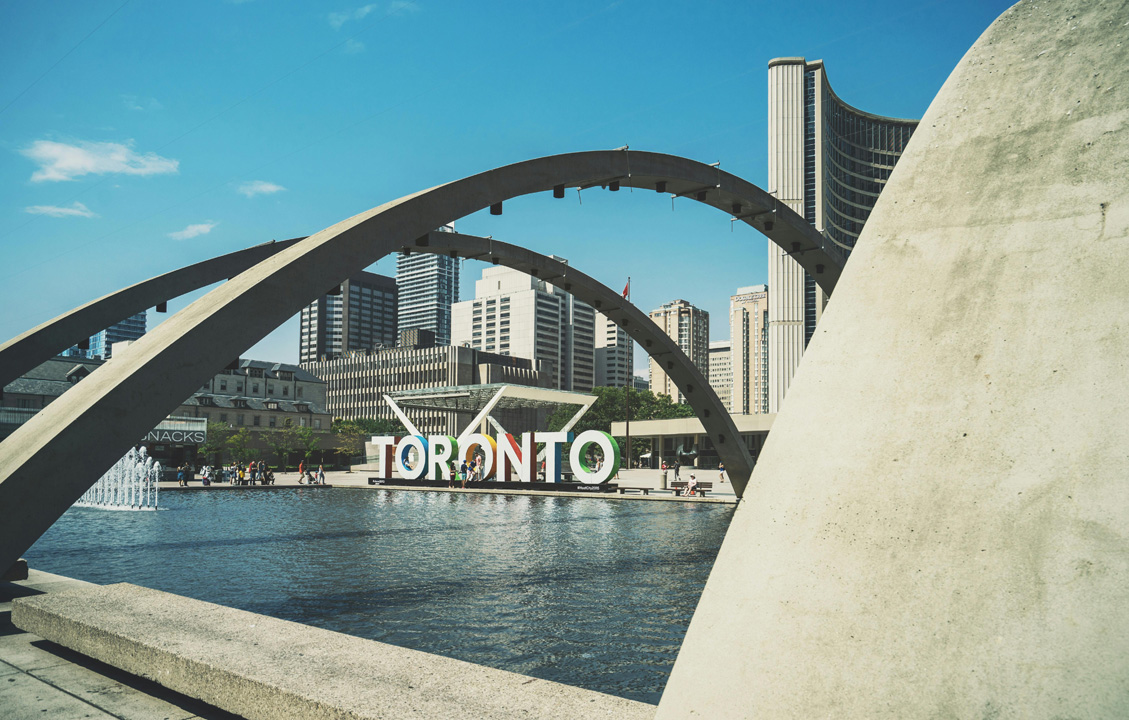 An image of the city of Toronto sign at Nathan Phillip Square.